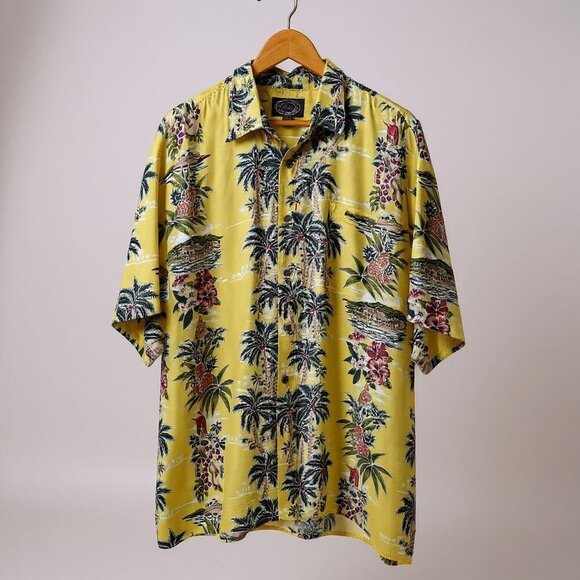 Hawaiian Silk Company Men’s XL Aloha Hawaiian Shirt Yellow Palm Tree Pineapple - Picture 1 of 13